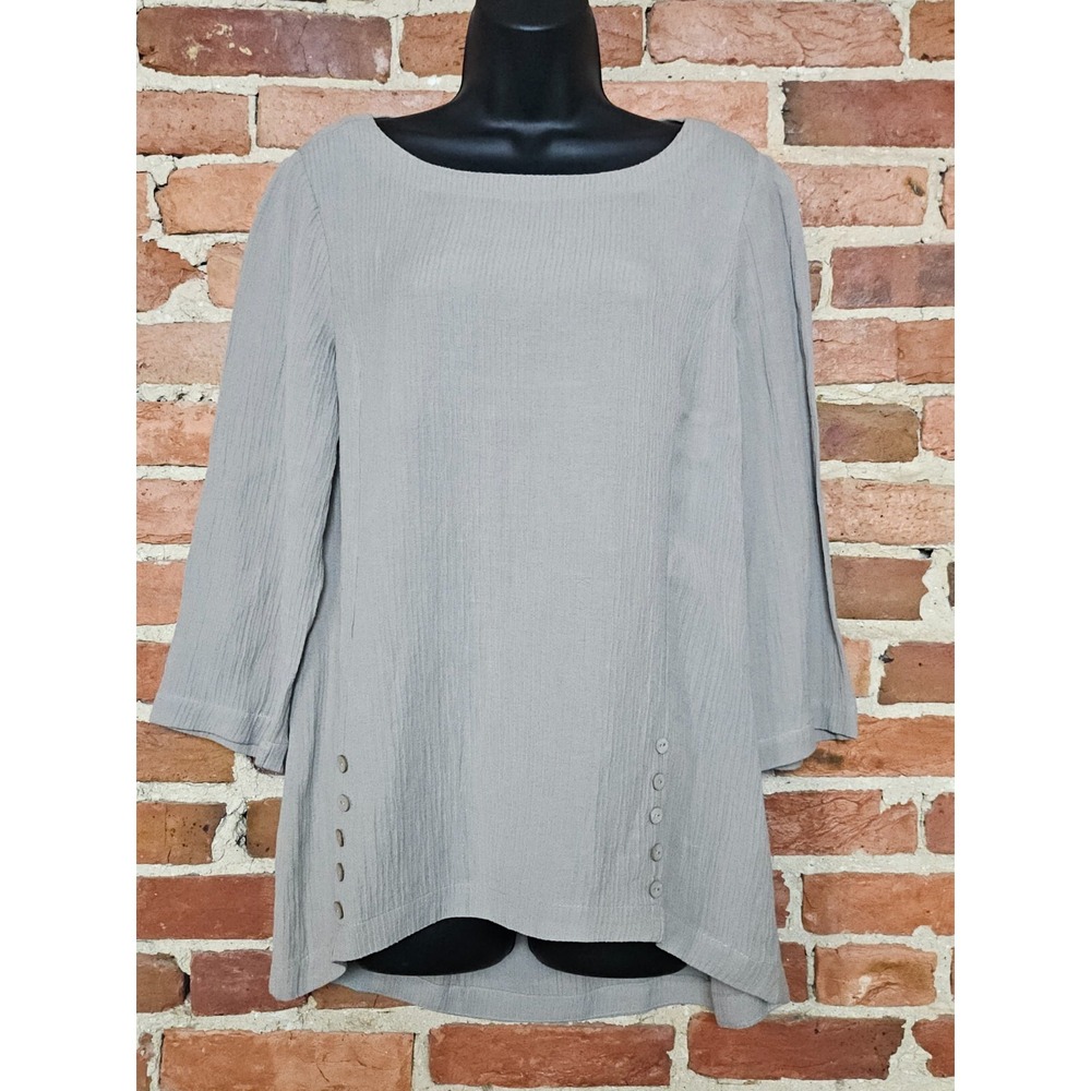 Soft Surroundings Tunic Top Womens Small Gray Ramie Wrinkles 3/4 Sleeve Pullover